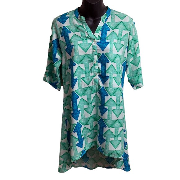 UTSA Blue Green Double Arrow Print Hi Low Viscose Pullover Tunic - Picture 1 of 10
